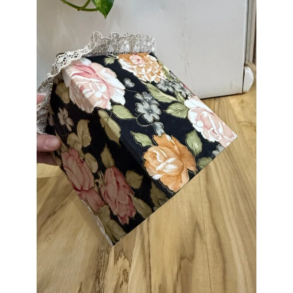 Floral Fabric Tissue Box Cover with Lace Trim